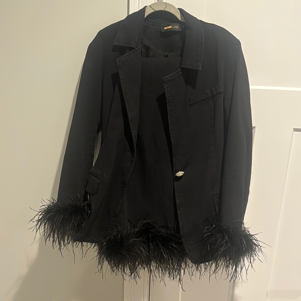 Fashion Nova Black Feather Trim Suit Jacket and Pants